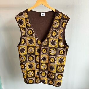 ZARA Knit Crochet Grandma Squares Sleeveless Vest Brown Yellow Medium